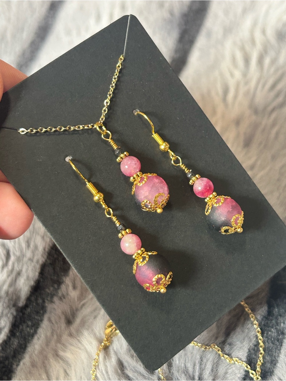 Handcrafted ombré crackle glass tourmaline necklace and earring set